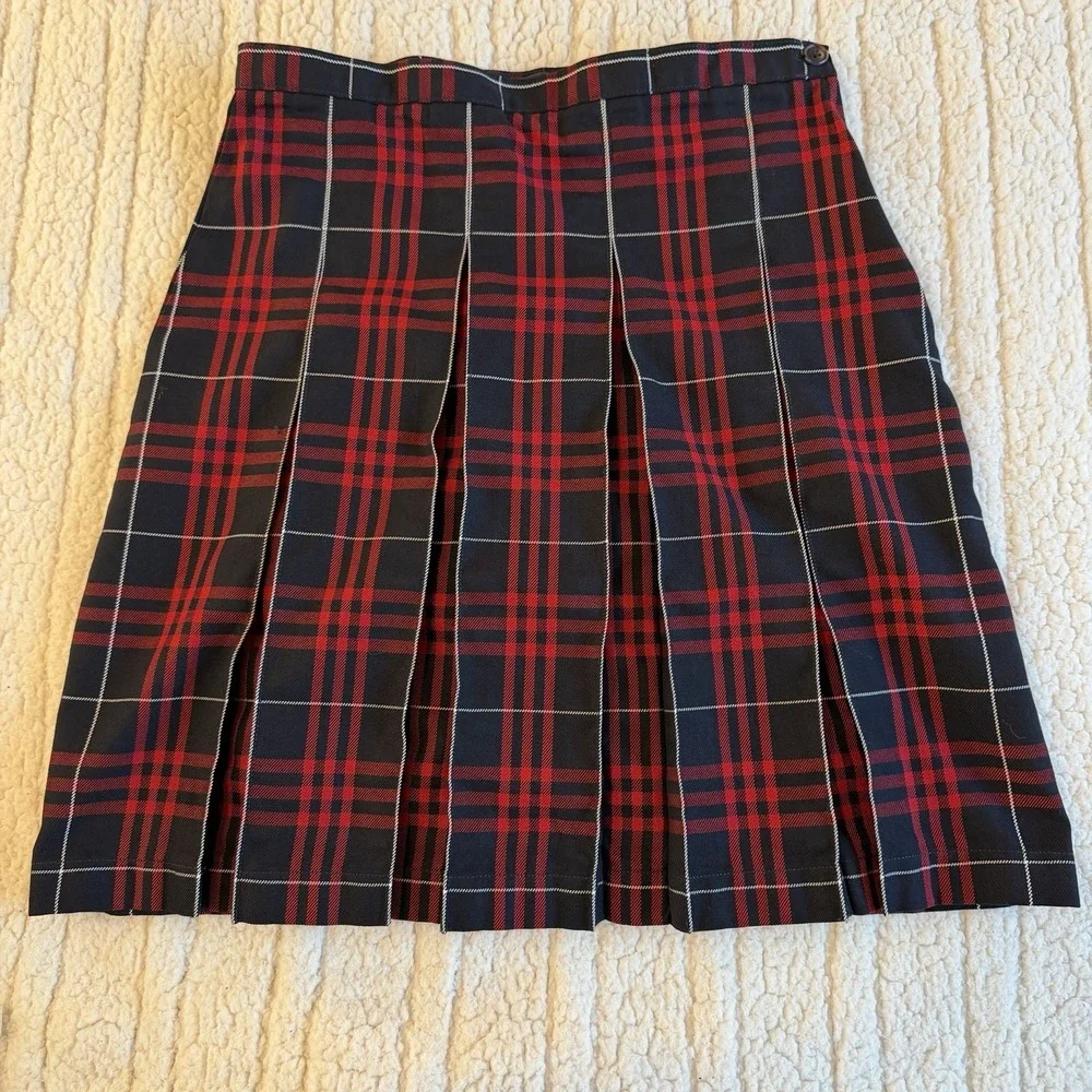 Lands' End‎ Women's Uniform Plaid Skirt Knee Length Classic Navy Red Academia 4
